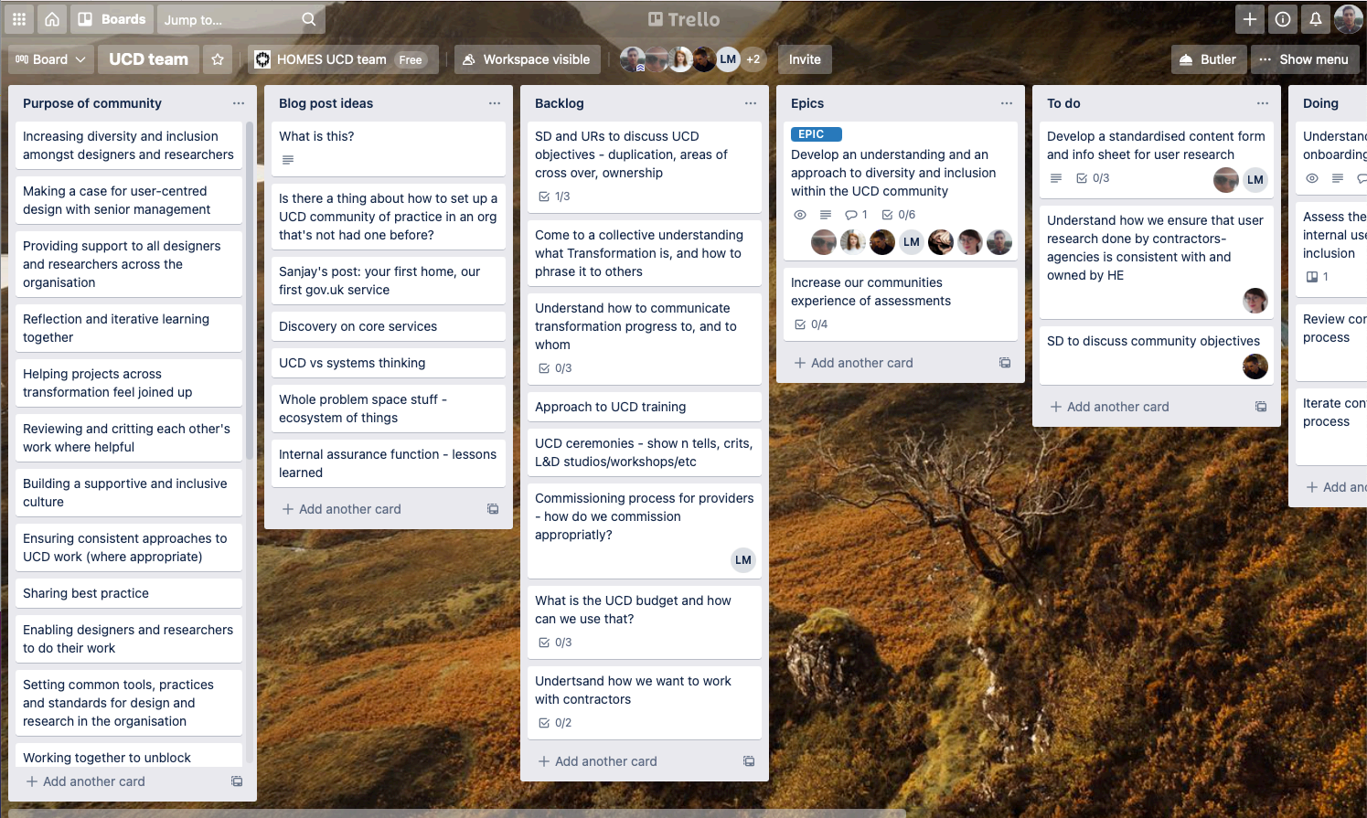 Screenshot of a Trello board titled 'HOMES UCD team' with columns for Purpose of community, Blog post ideas, Backlog, Epics, To do and Doing.