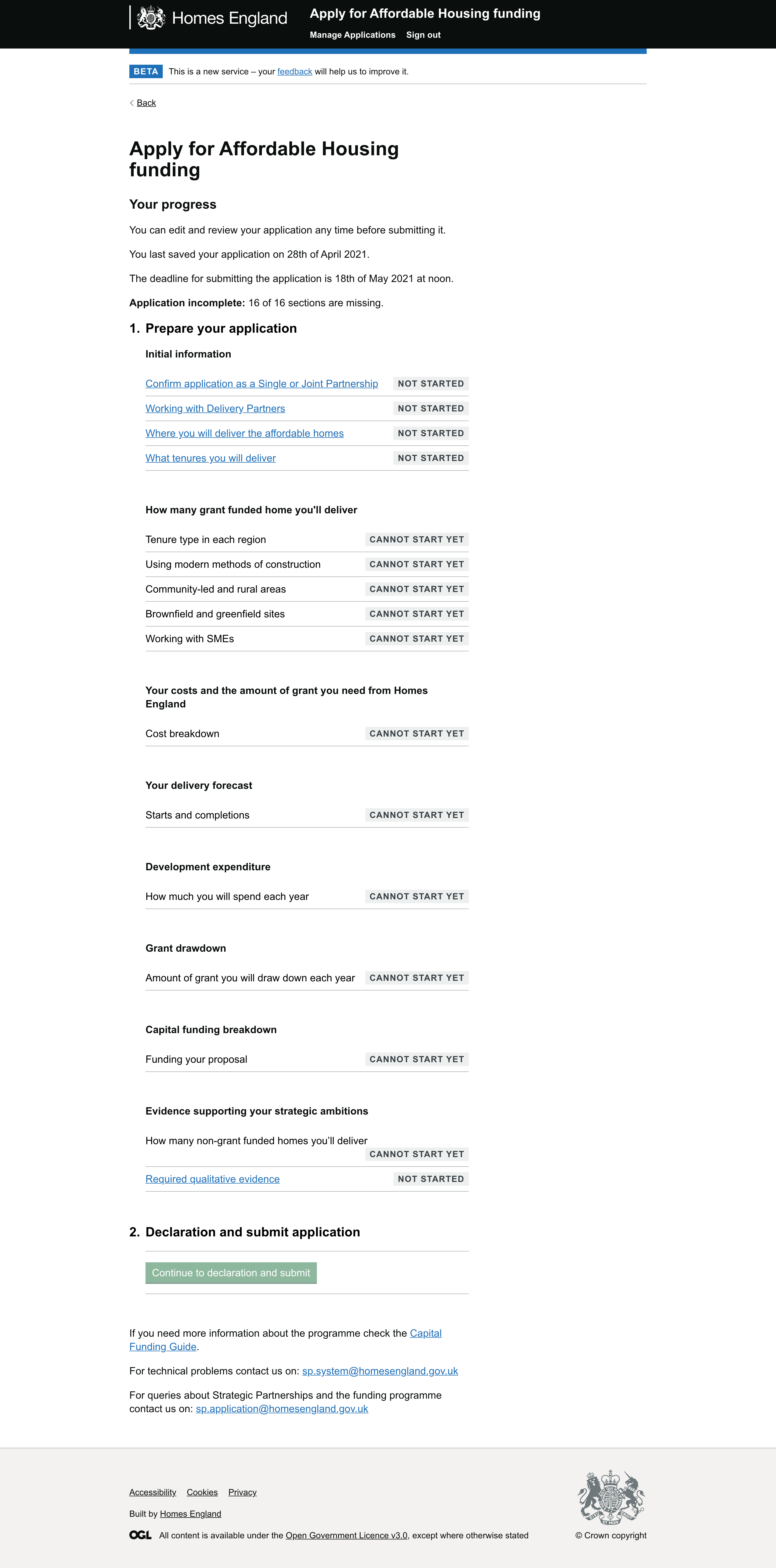 Screenshot of the Homes England 'Apply for Affordable Housing funding' task list page, showing 16 application sections marked NOT STARTED or CANNOT START YET.