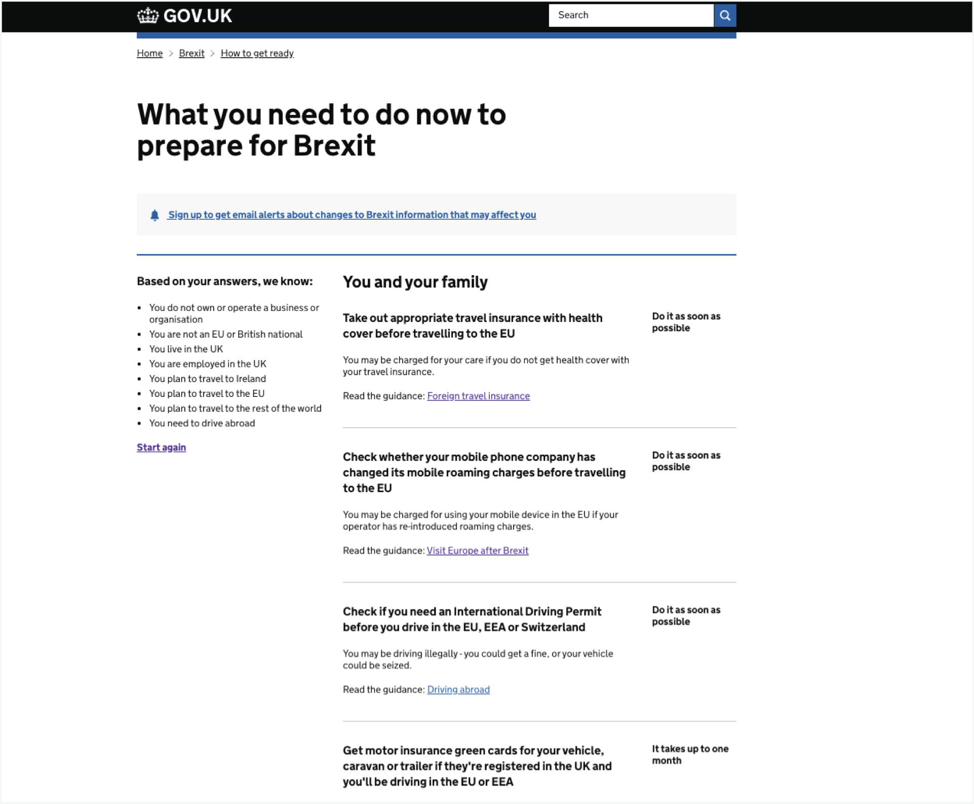 GOV.UK Brexit checker actions list page titled 'What you need to do now to prepare for Brexit', showing a personalised summary of the user's answers on the left and prioritised actions such as travel insurance, mobile roaming and International Driving Permit on the right.